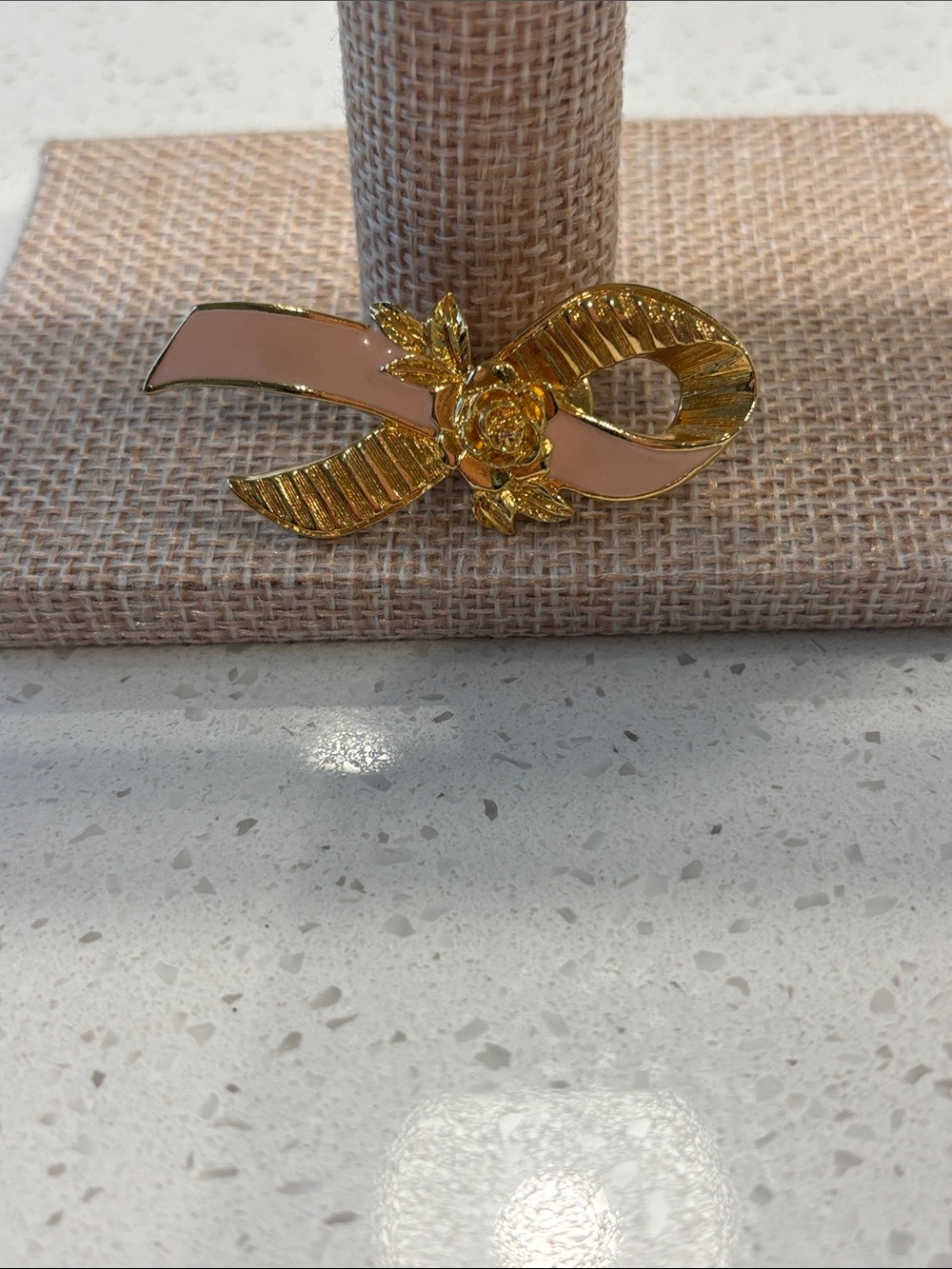 Vintage Avon Breast Cancer Awareness Pin Pink Ribbon Gold Tone Rose Brooch 1990